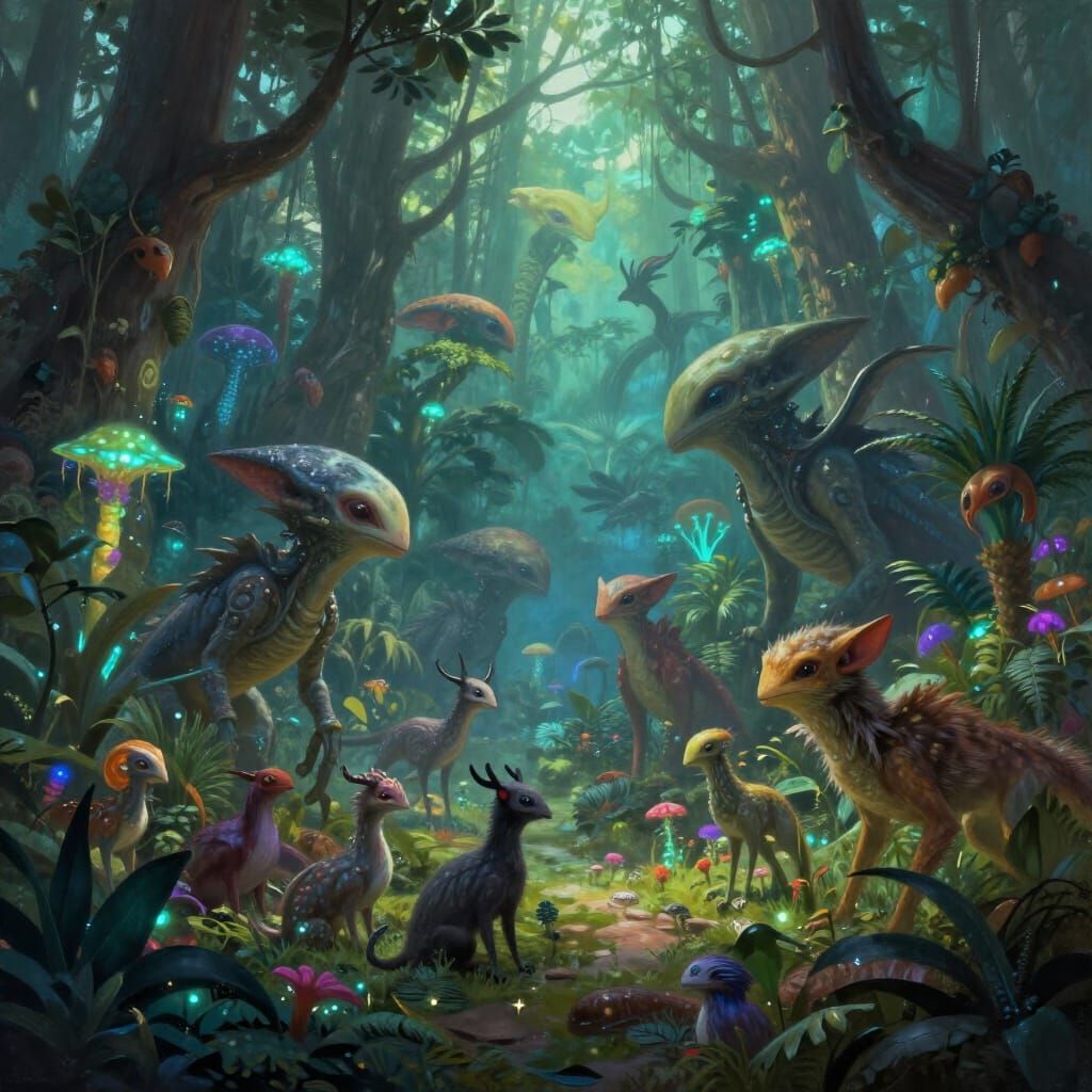 Futuristic Forest with Alien Creatures and Diverse Wildlife
