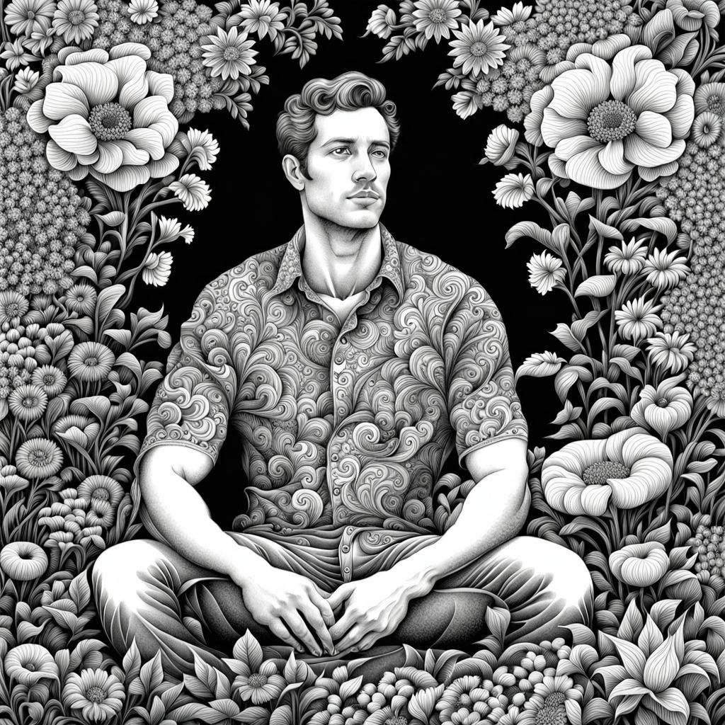Man in Flower Garden: Intricate Ink Pointillism Drawing