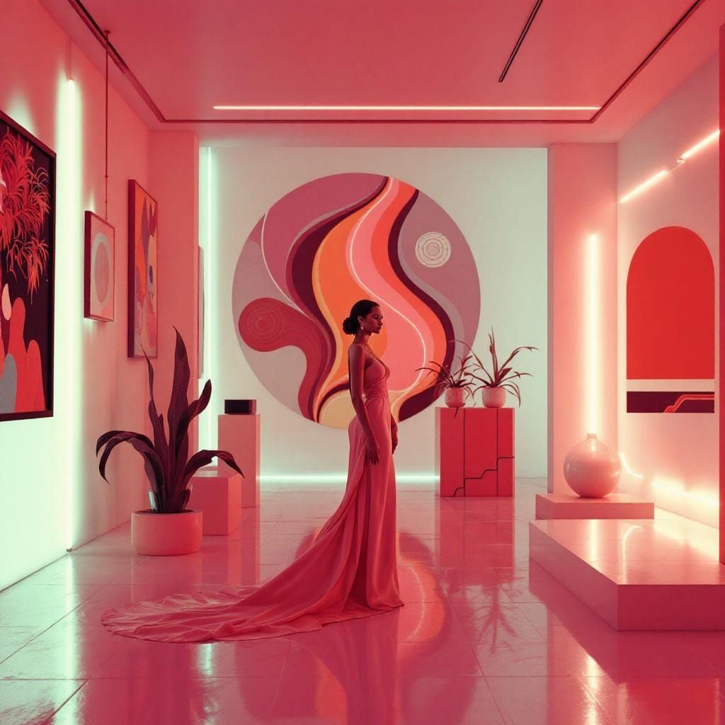 Elegant Woman in Urban Art Gallery, Synthwave Aesthetic