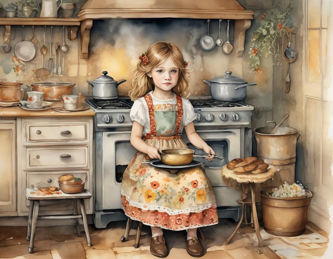 Girl Cooking Pudding: Whimsical Watercolor Illustration