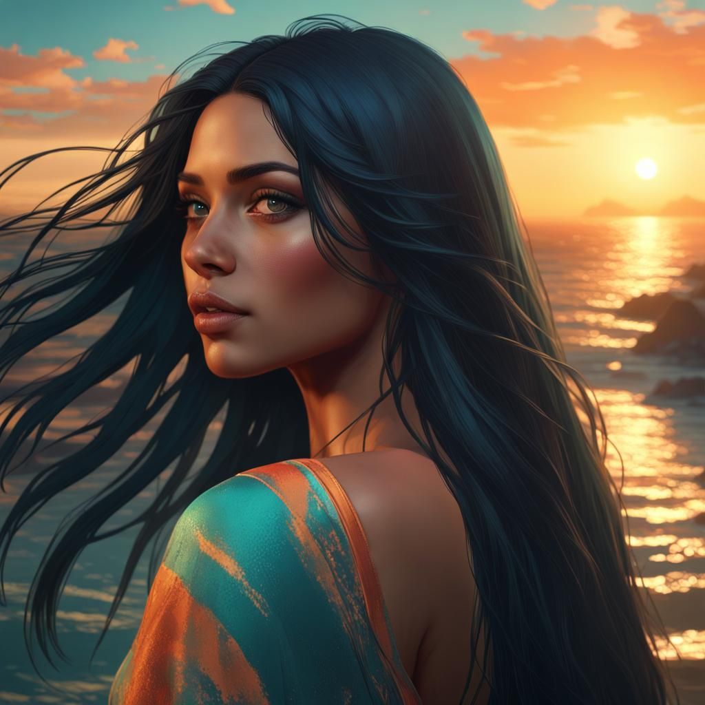 Beautiful Brazilian young woman with long black hair at sunset