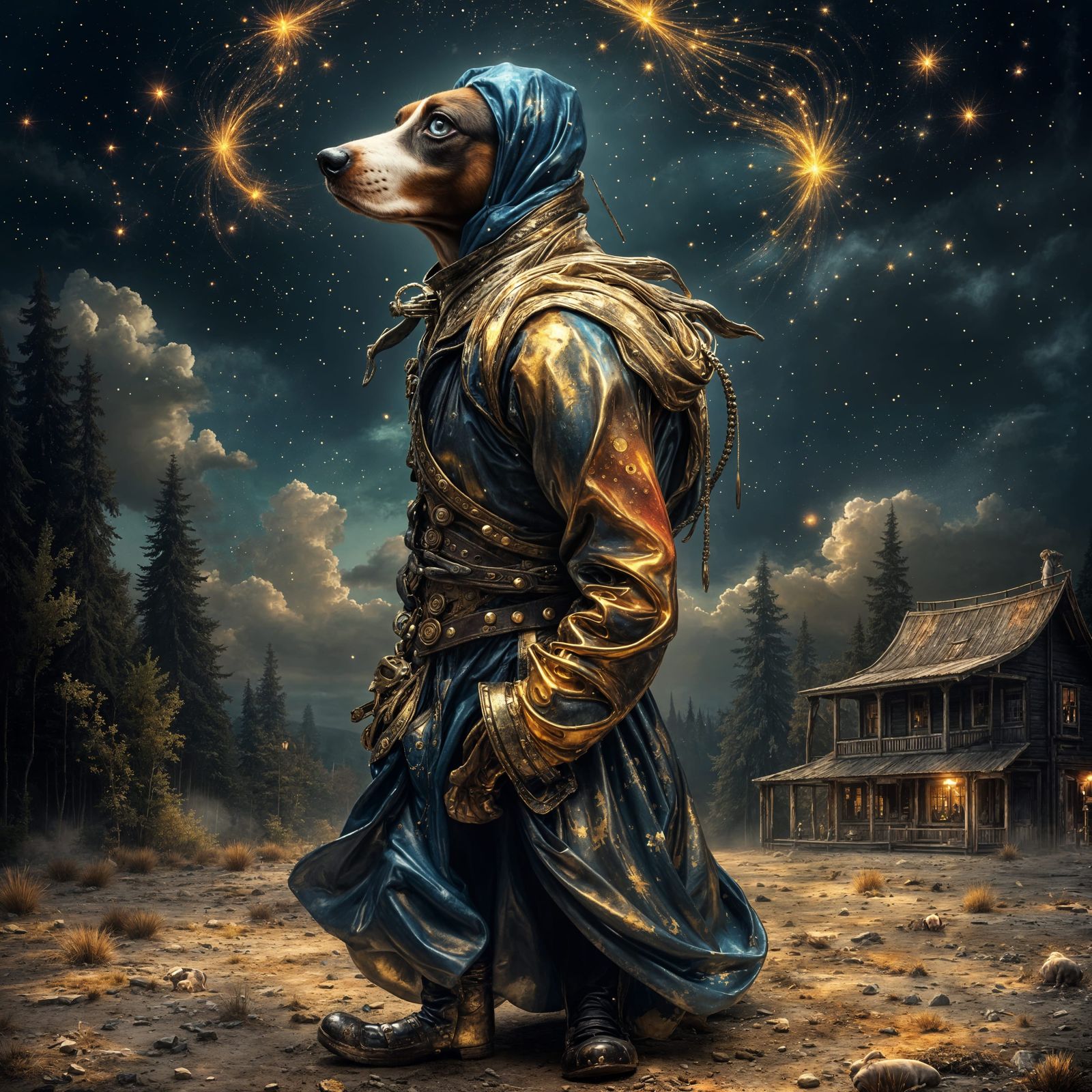 Basset Hound Pierrot Clown in Steampunk Carnival