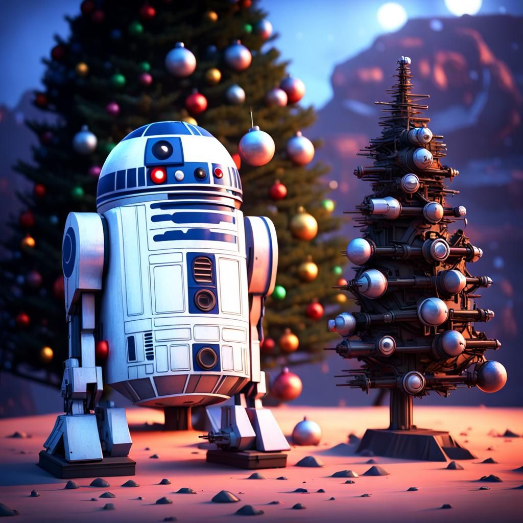 Star wars R2D2 in a junkyard standing in front of a christmas tree made out of metal parts , Pixar, Disney, concept art,...