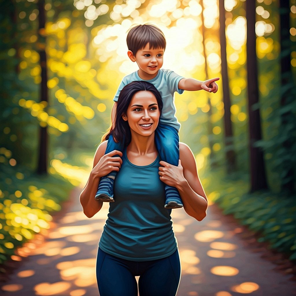 Woman Carries Laughing Boy Through Sunlit Forest Path