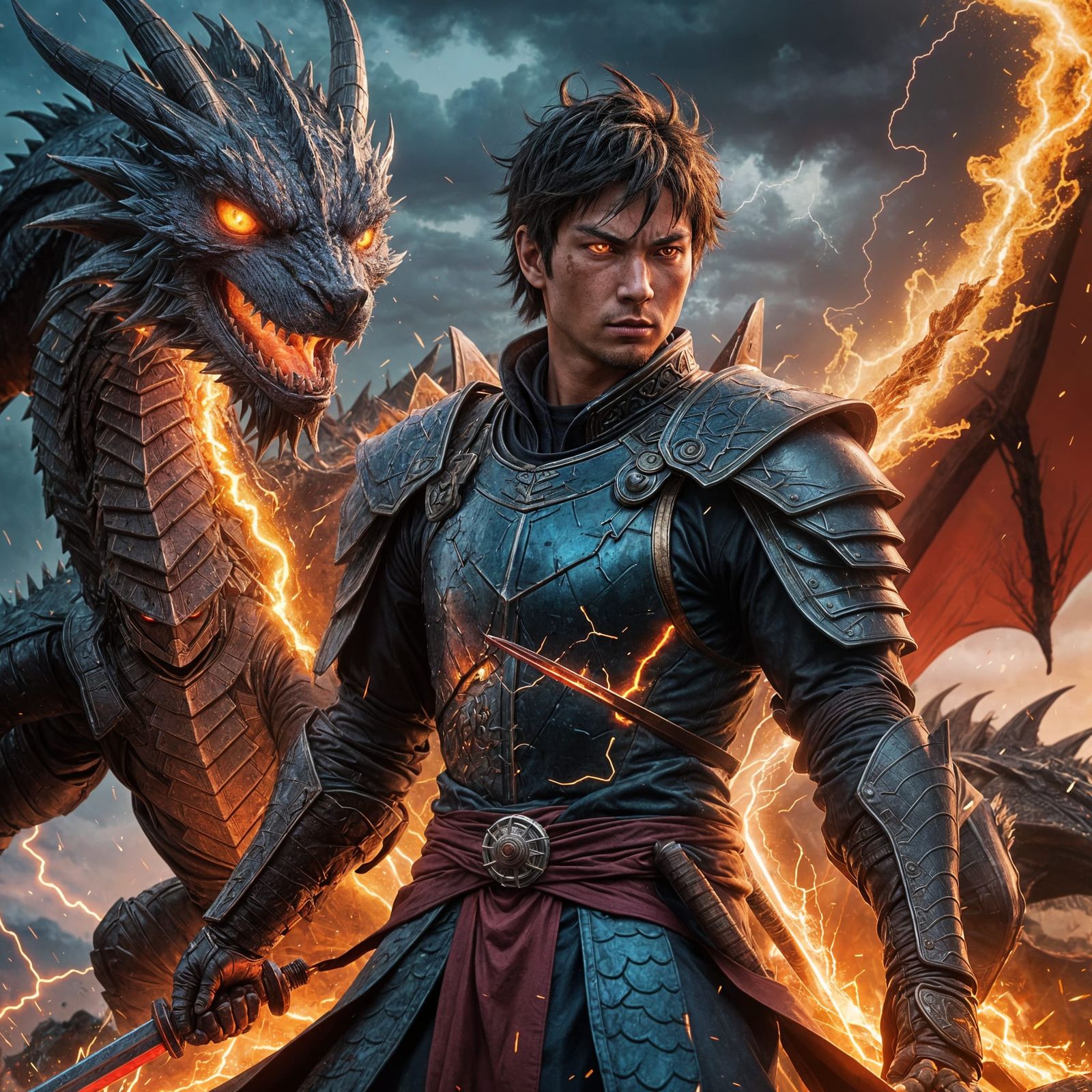 Epic Anime Warrior Battles Dragons in a Golden Hour Landscap...