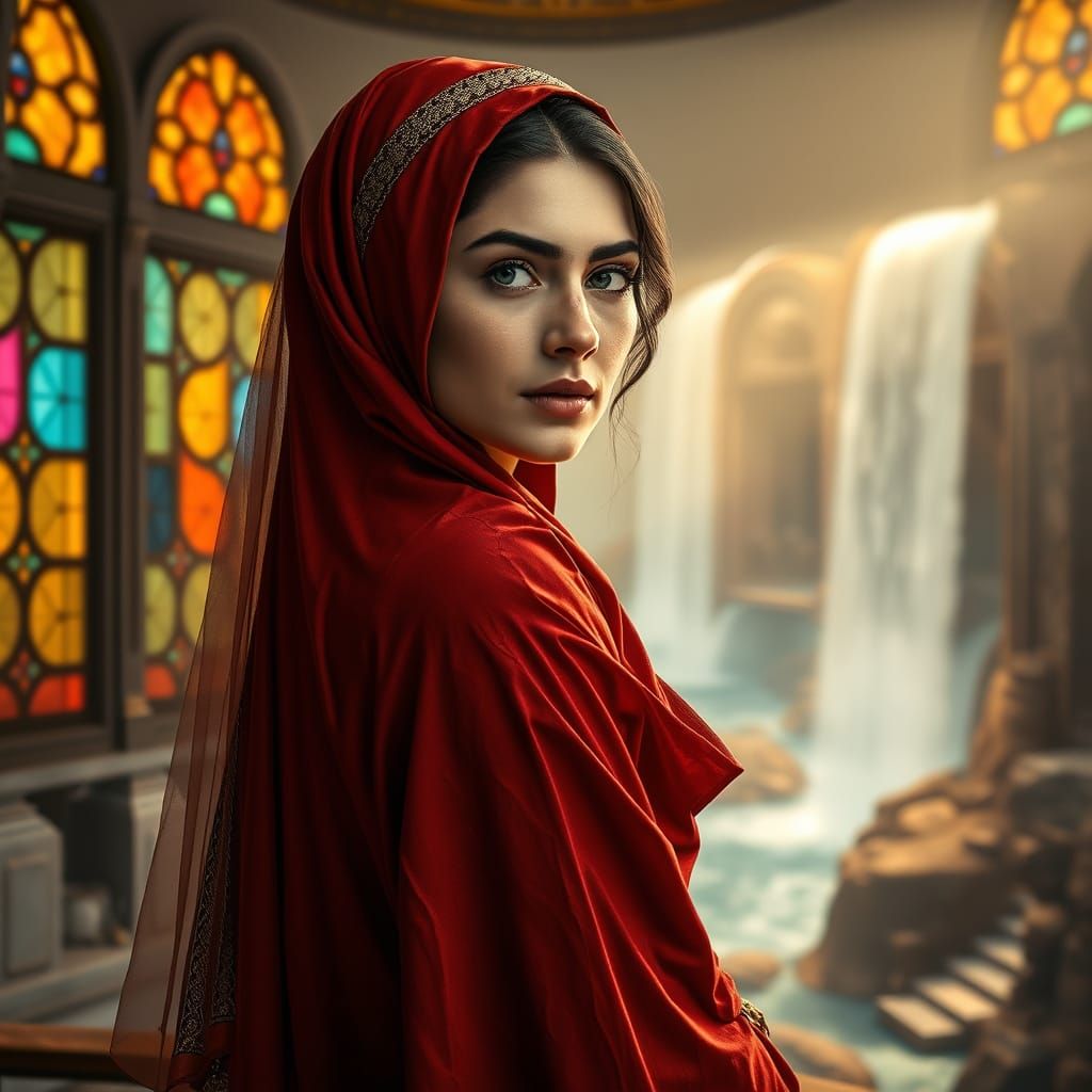 Arabic Priestess Portrait with Stained Glass, Hyperrealistic