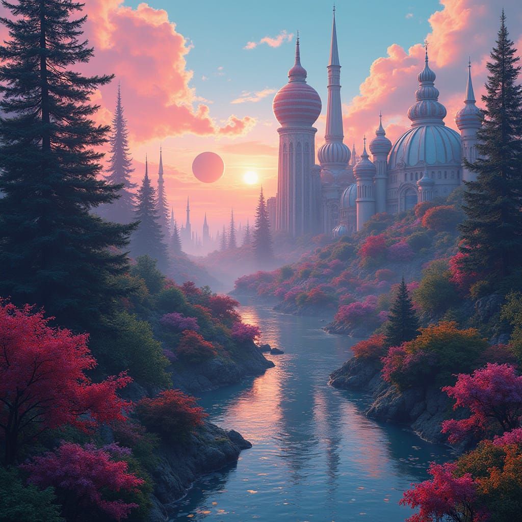 Surreal Futuristic Metropolis in Vibrant Dreamlike Cityscape