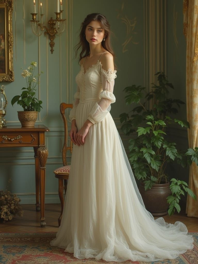 Elegant Young Woman in Ornate Interior, circa 1875