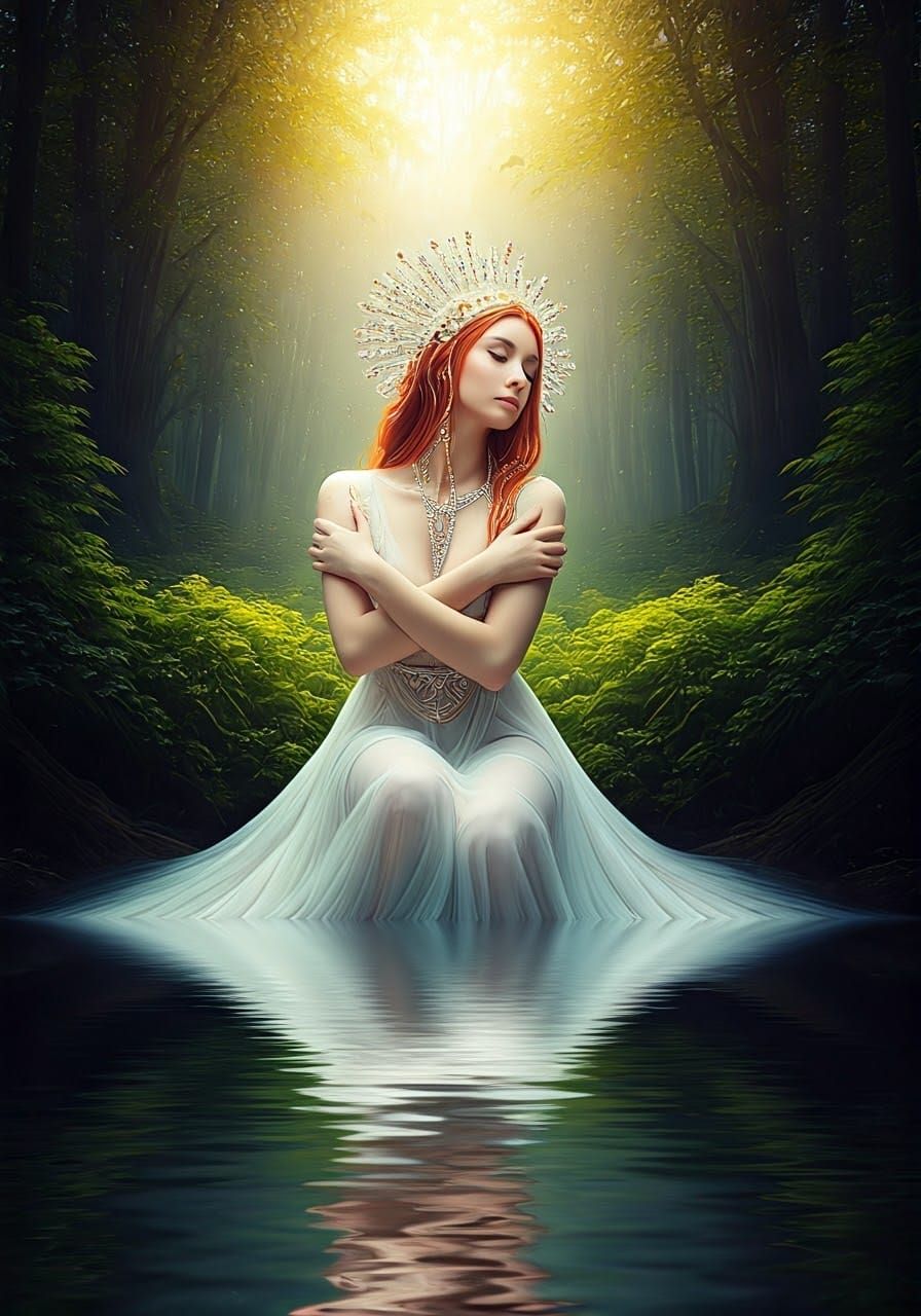 Ethereal Woman in Forest Landscape with Stardust