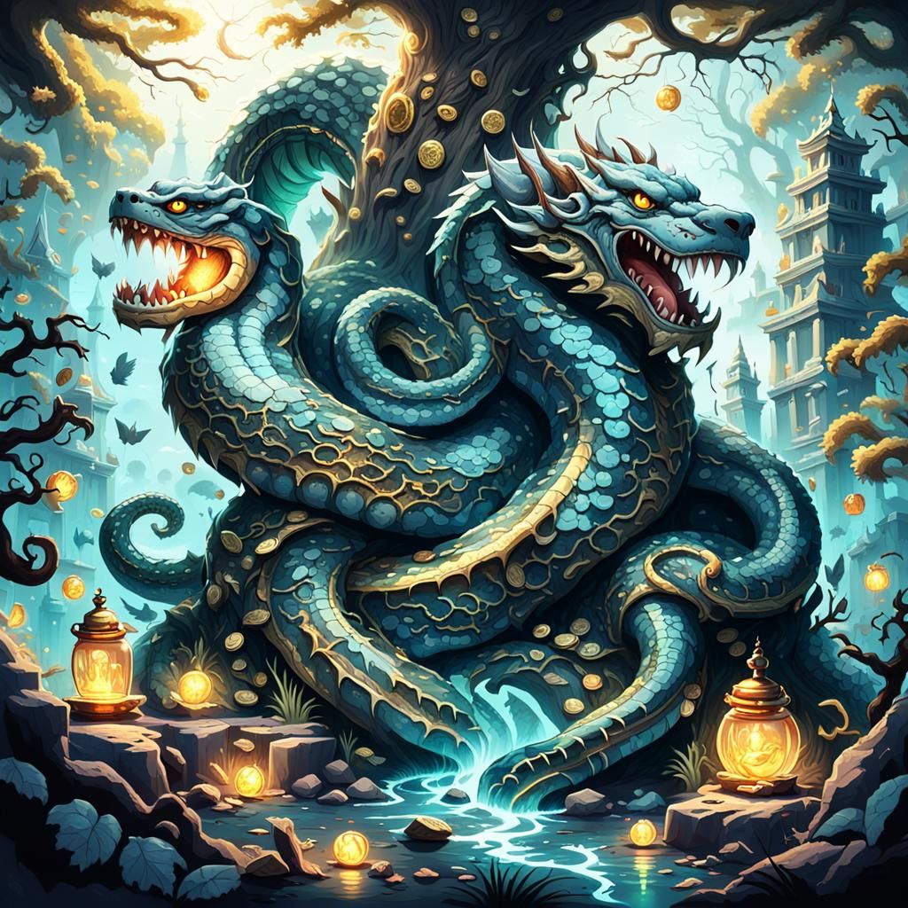 Serpent Dog Guarding Treasure in Doré Style