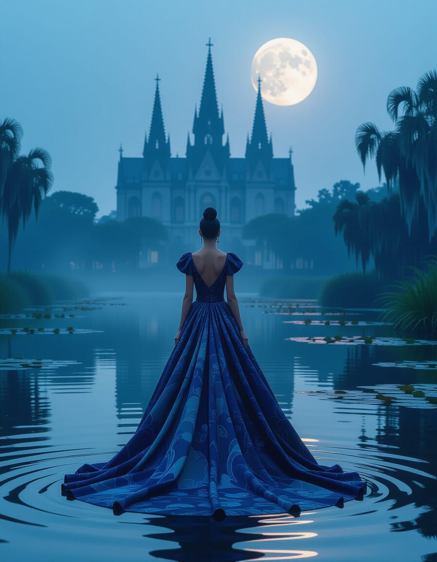 Gothic Cathedral in Misty Moonlit Swamp