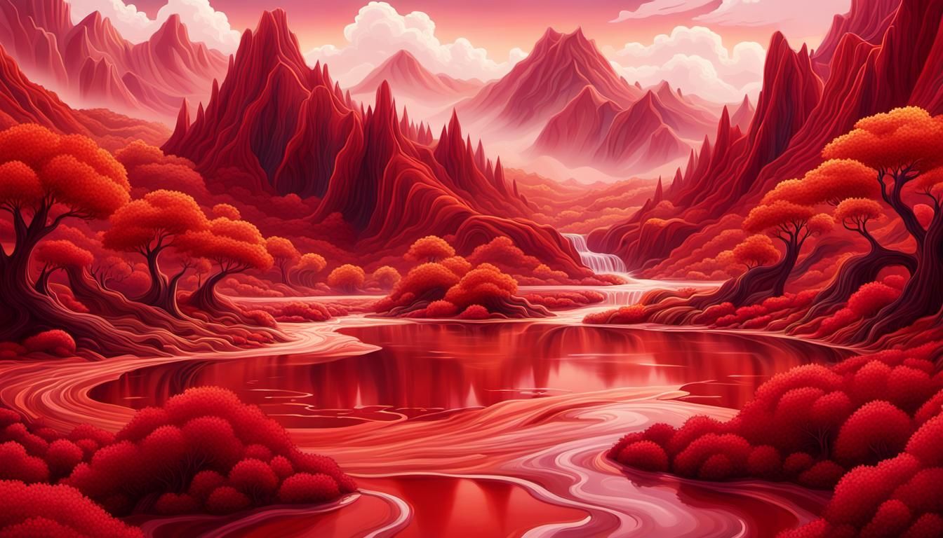 Surreal Red Landscape with Alien Plants and Waterfall