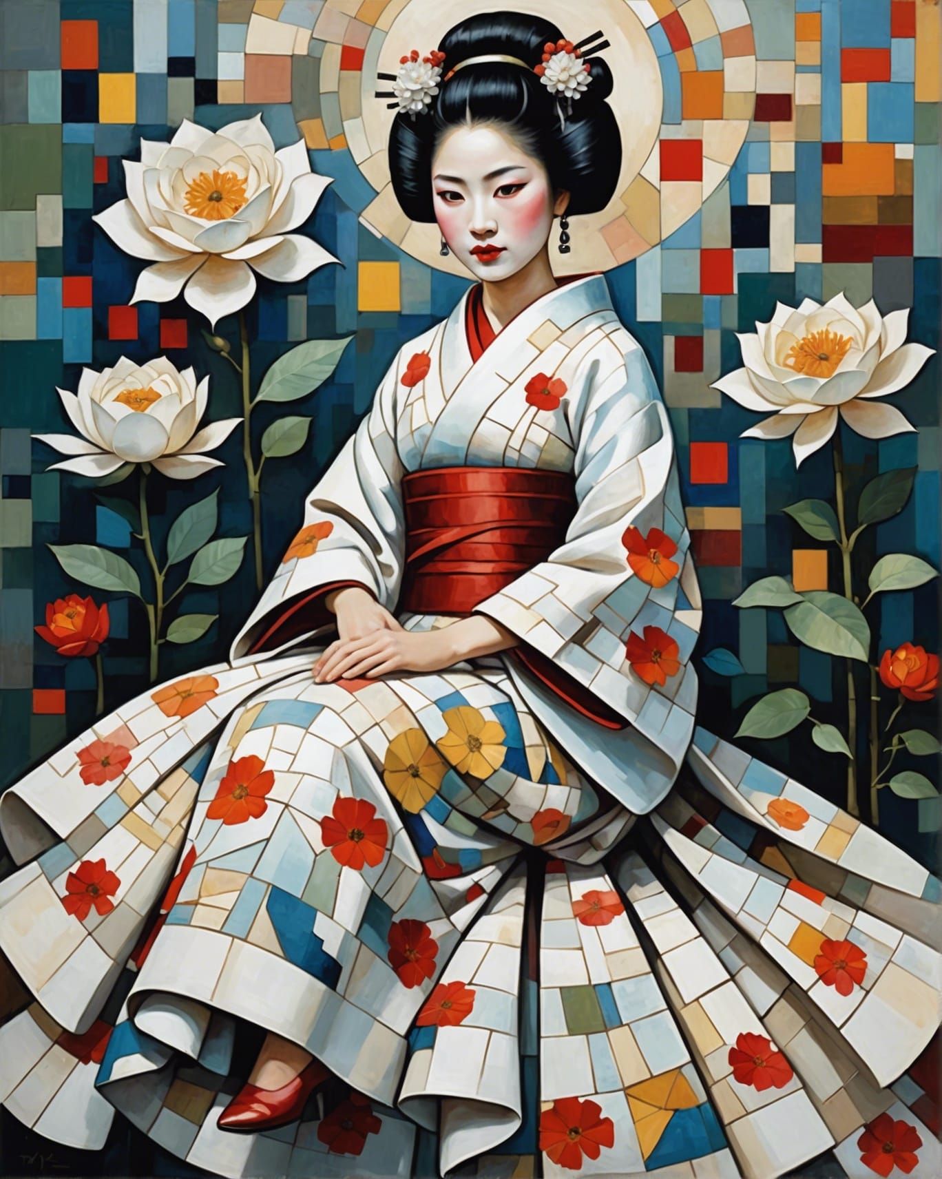 Geisha on White Rose in Impasto Style