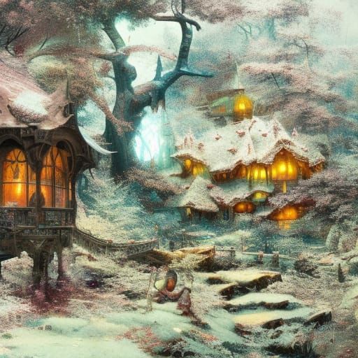 Snowy Town in Winter Wonderland, Digital Painting