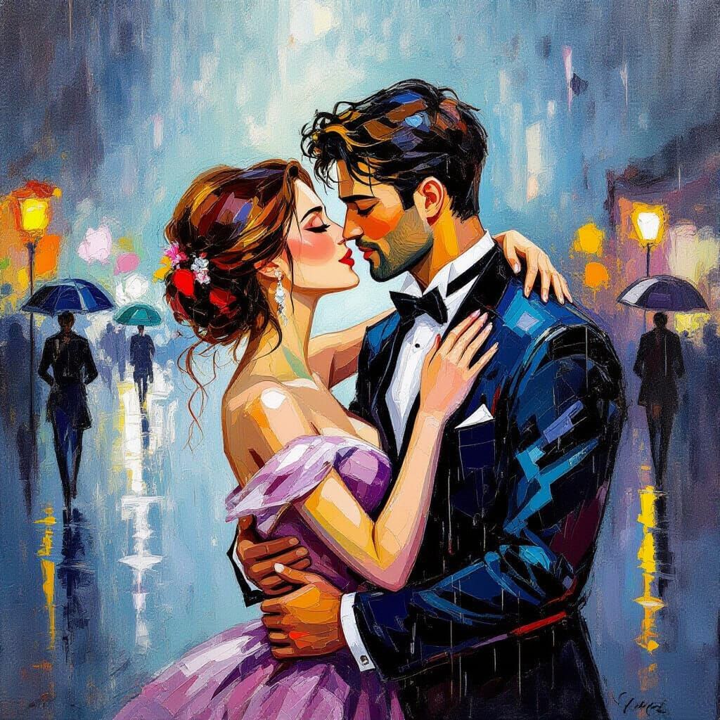 Passionate Kiss in the Rain: Neo-Impressionist Painting