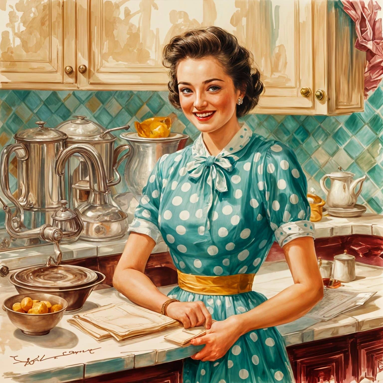 1950s Housewife Illustration in Parchment Painting Style