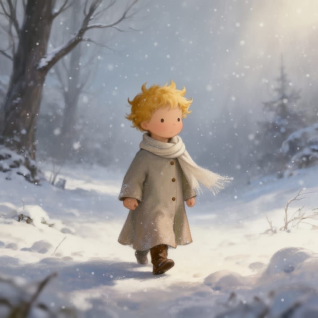 Little Prince Walks Calmly Through Gentle Winter Snow