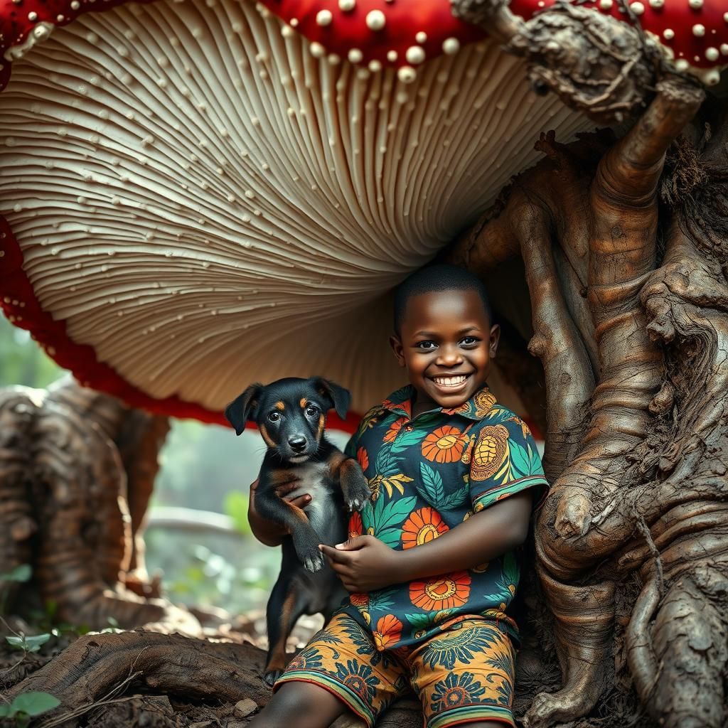 Boy and Puppy Under Giant Mushroom, Hyperrealistic Style