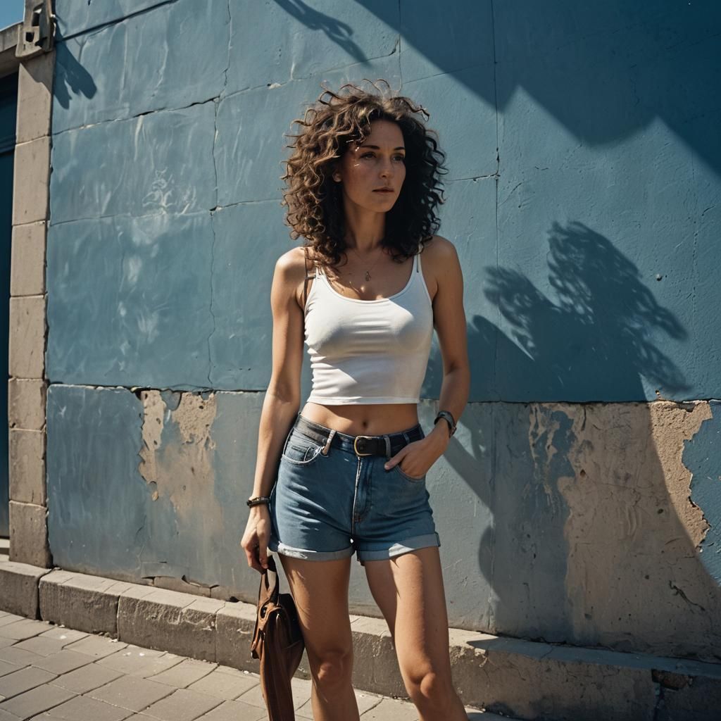 Woman Posing in Blue Sunshine: Cinematic Film Still