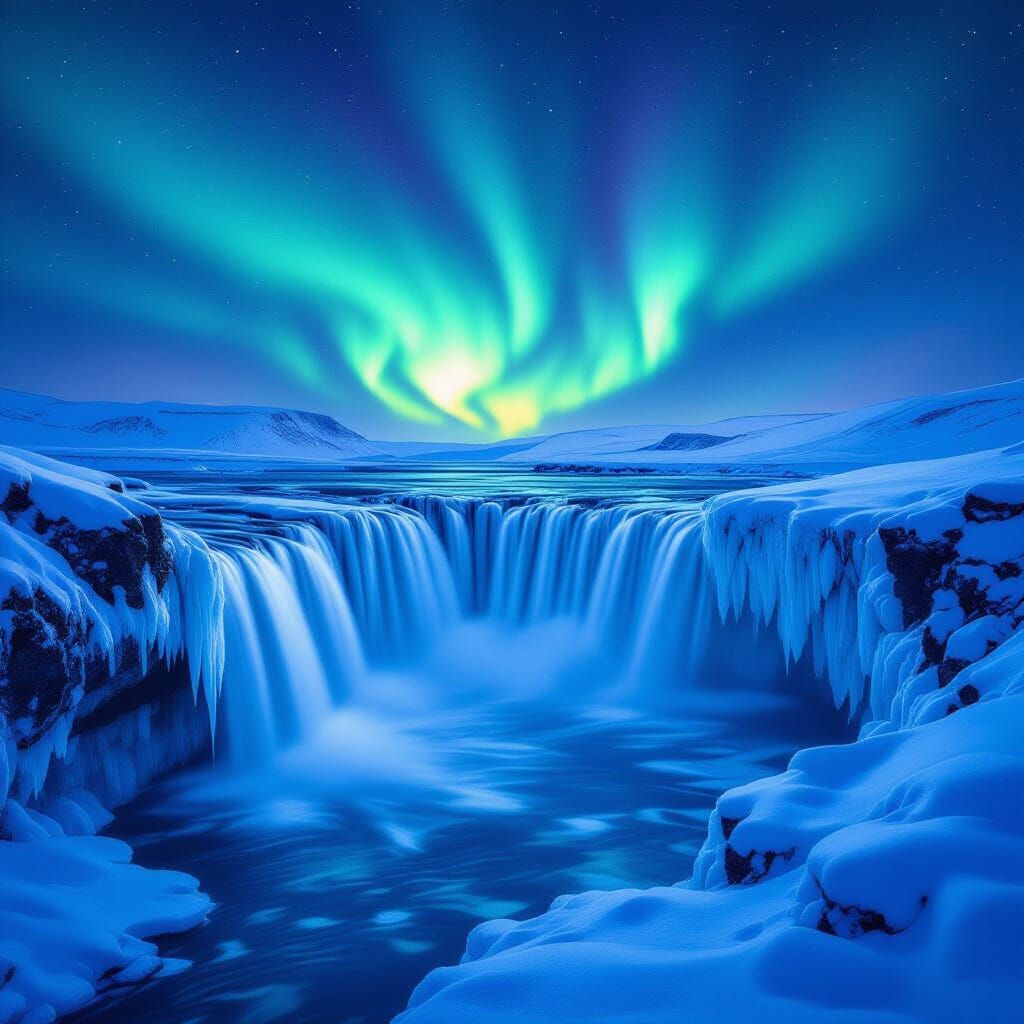 Aurora Borealis Over Frozen Icelandic Waterfall