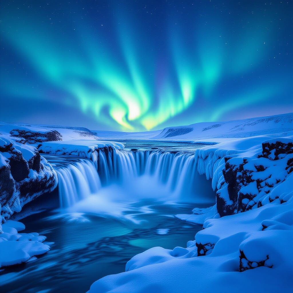 Majestic Icelandic Waterfall Under Aurora Borealis