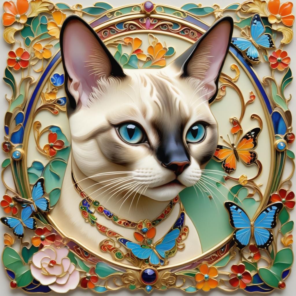 Siamese Cat and Butterfly in Art Nouveau Style