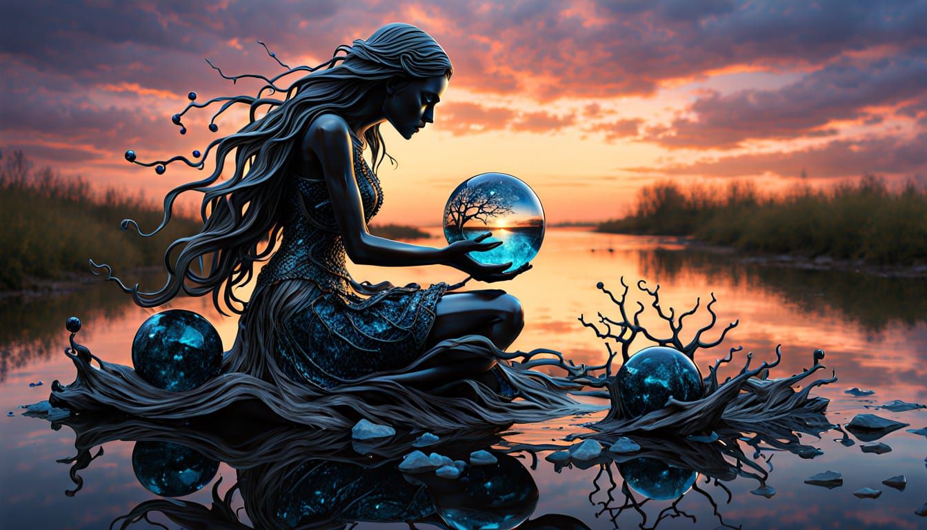 Surreal Fragmented Witch Sculpture at Sunset