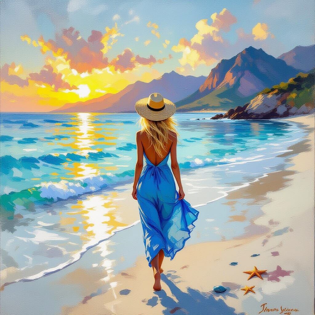 Woman in Blue Dress Walks Beach at Sunset, Impressionistic O...