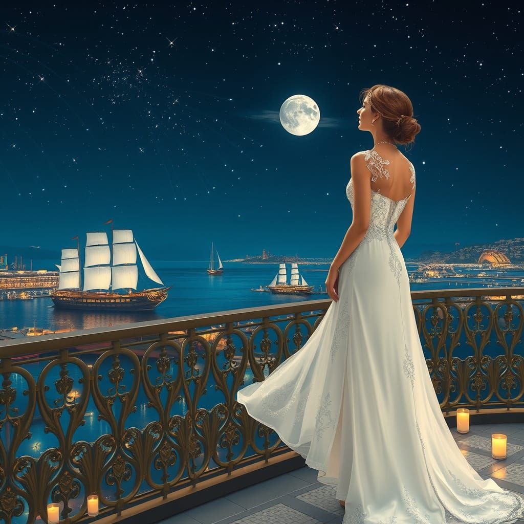Elegant Woman Admires Majestic Night Sky from Balcony