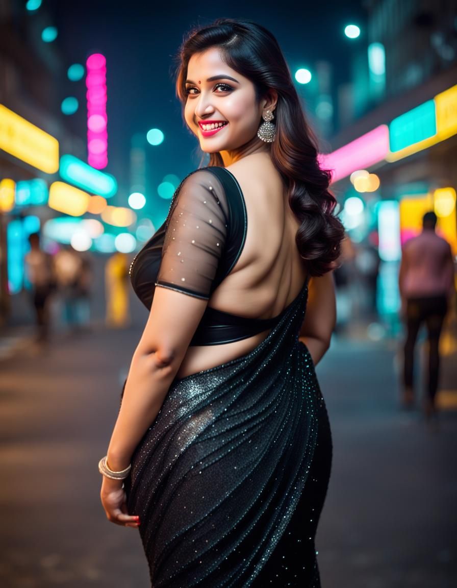 Hyperrealistic Woman in Saree in Neon Cityscape