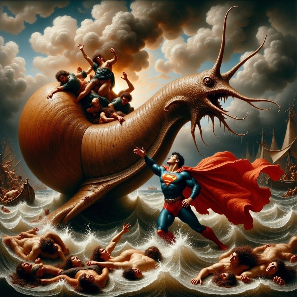 Superman's Grotesque Battle: Dutch Master Oil Painting