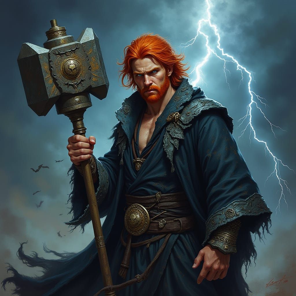 Dark Fantasy Warlock Wields Meteor Hammer in Turbulent Skies