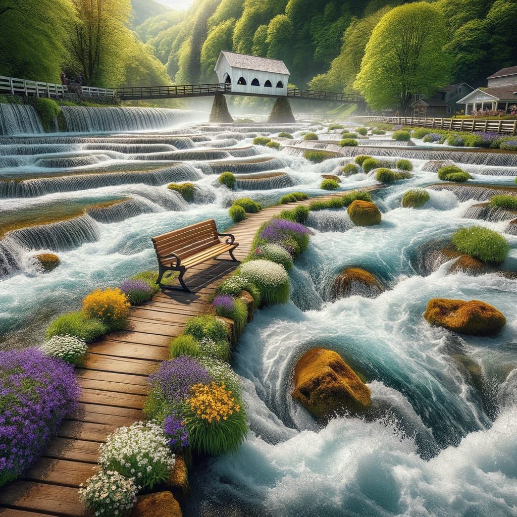 River Scene with Wooden Boardwalk and Verdant Expanse