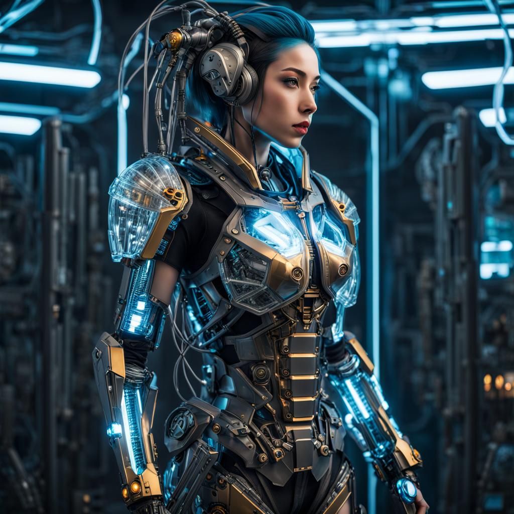 Cyberpunk Girl in Transparent Biomechanical Armor
