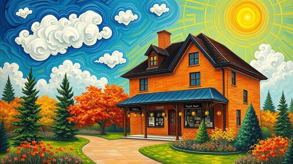 Dreamlike Victorian Coffee Shop in Vibrant Sky