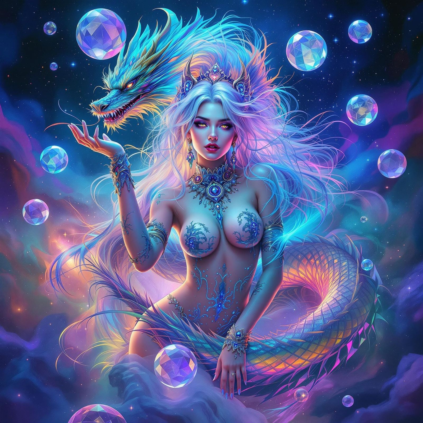 Gemini Woman in Iridescent Mist with Rainbow Dragon