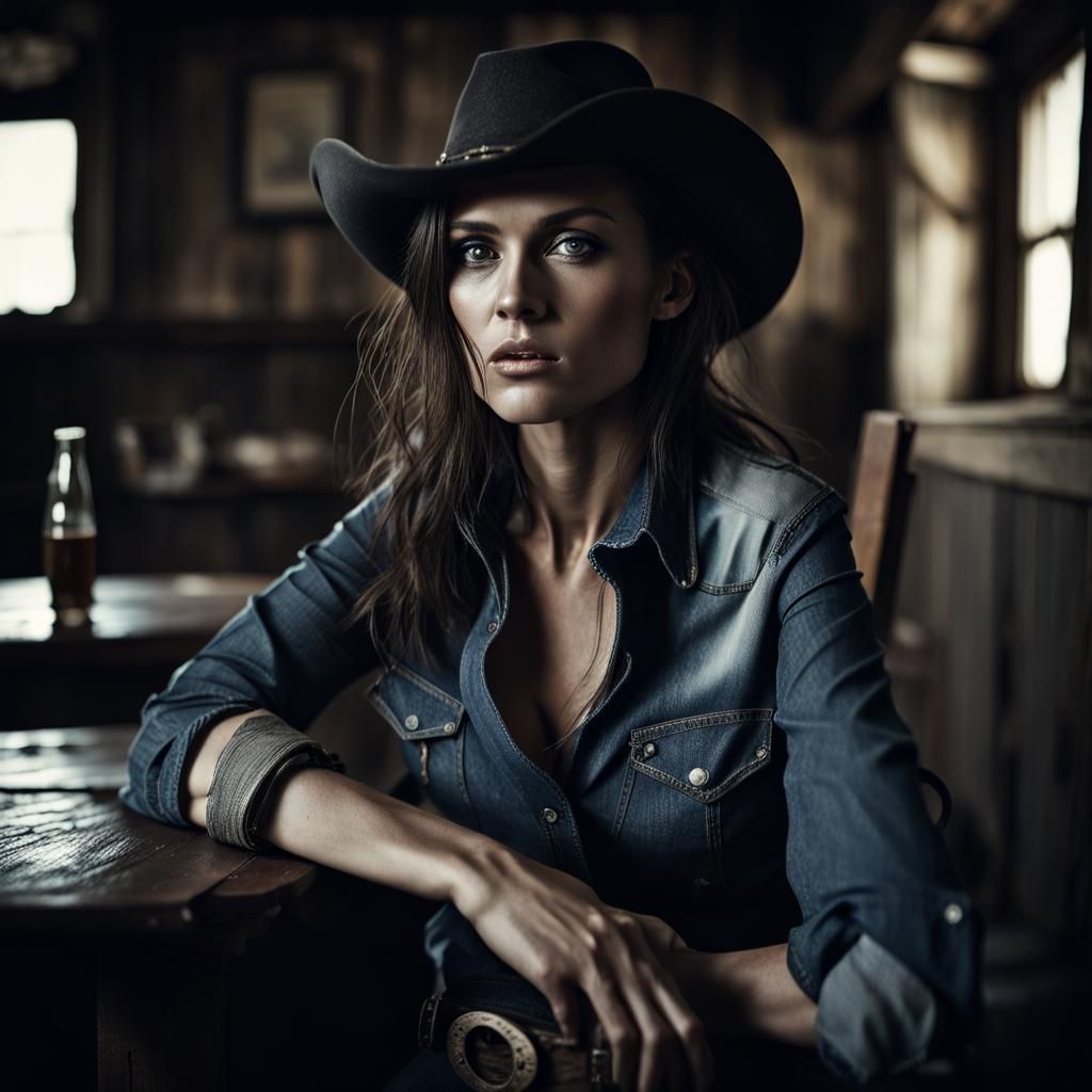 Brunette in Denim and Boots in Old West Saloon