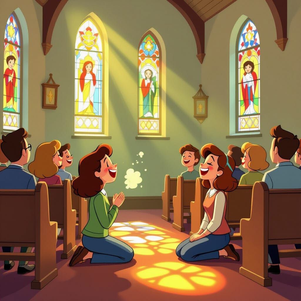 Cheerful Cartoon Church Scene with Joyful Congregation