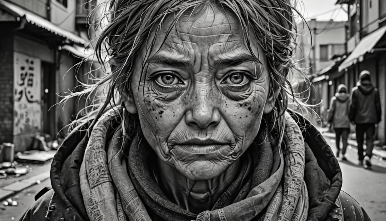 Black and White Anime Portrait of Homeless Woman