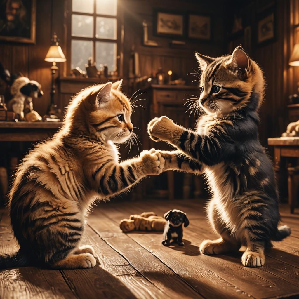 Kitten and Puppy Arm Wrestling: Digital Matte Painting