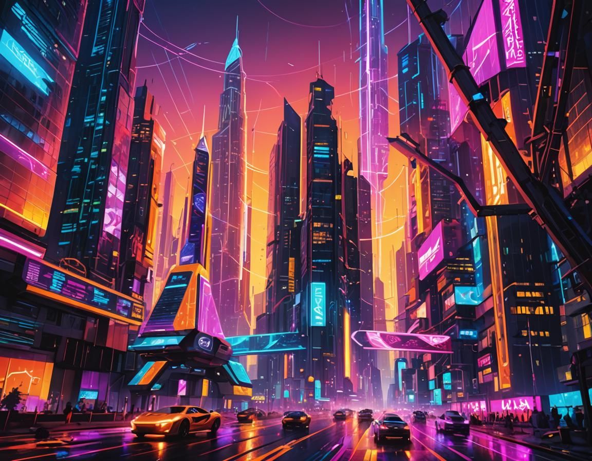 Neon Futurism Cityscape with Flying Cars