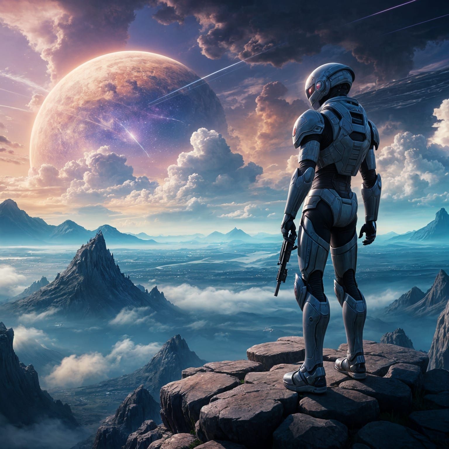 Surreal Anime Soldier Gazing into the Cosmic Horizon