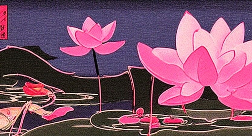 Glowing Pink Lotus in Ukiyo-e Style