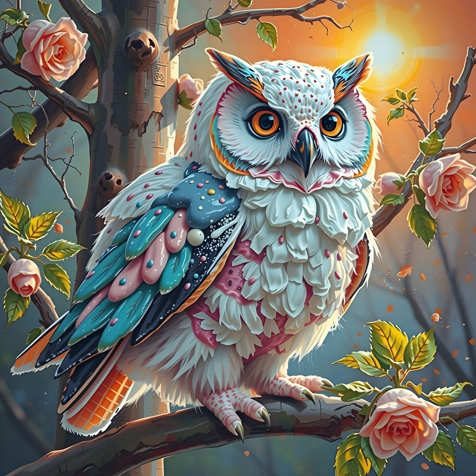 Ice Cream Owl on Waffle Cone Tree, Fauvism