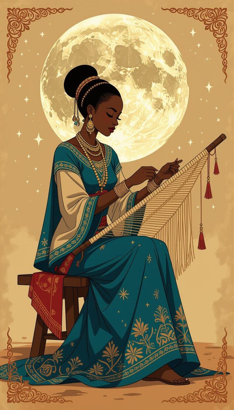 African Moon Weaver in Dreamy Symbolic Style