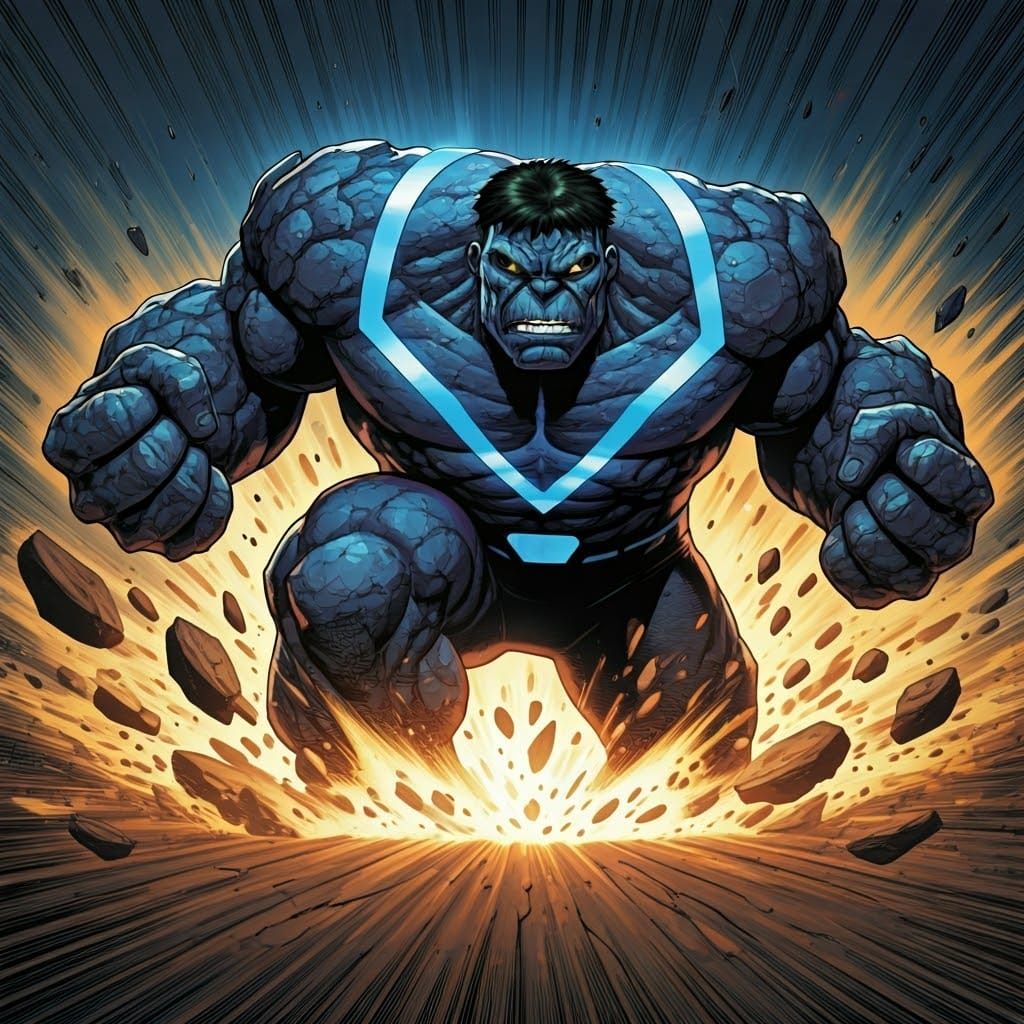 Vibrant Azure Superhero Smashes Ground in Dynamic Comic Book...