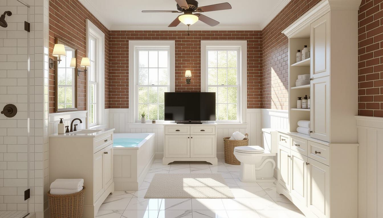 Victorian Bathroom with Brick Wallpaper and Marble Flooring