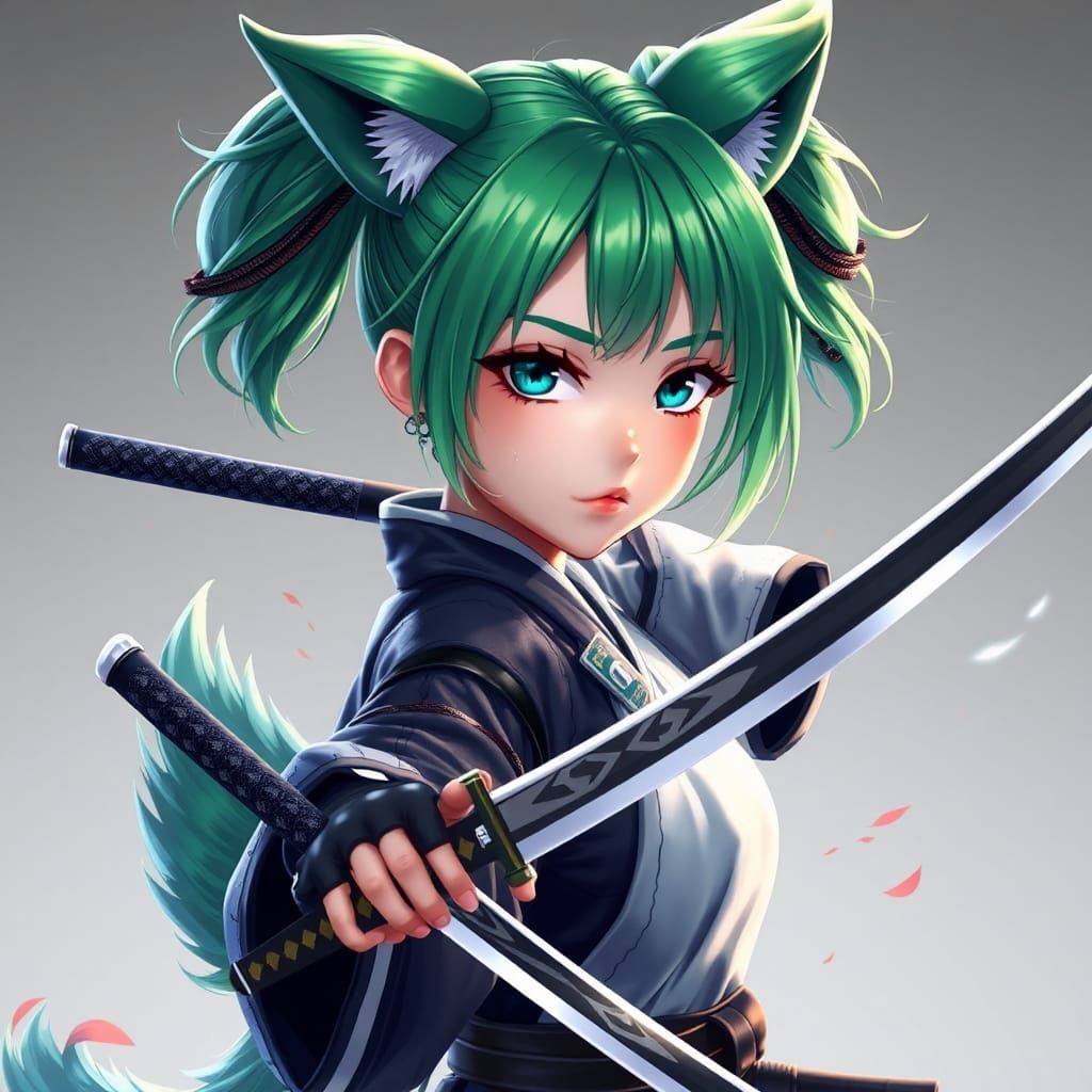 Anime Samurai Girl with Katanas in Futuristic Style
