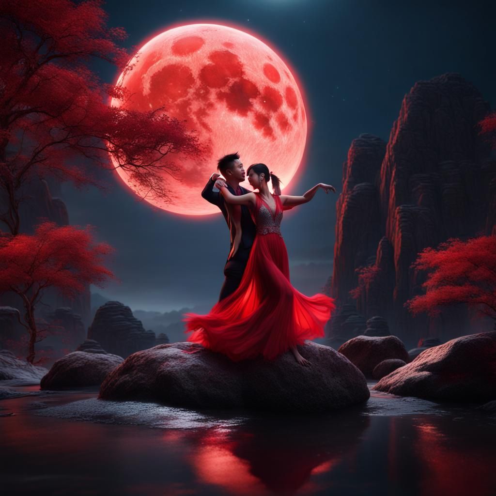 Asian Couple Dancing Under a Red Moon: Fantasy Art