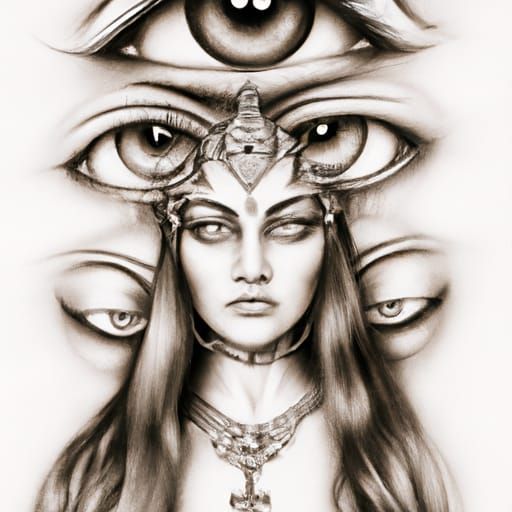Gnosis Goddess with Multiple Eyes in Charcoal Style